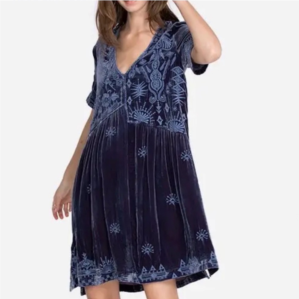 Johnny Was Blue Embroidered Velvet Boho Dylan Asymmetrical Tunic Dress - Medium